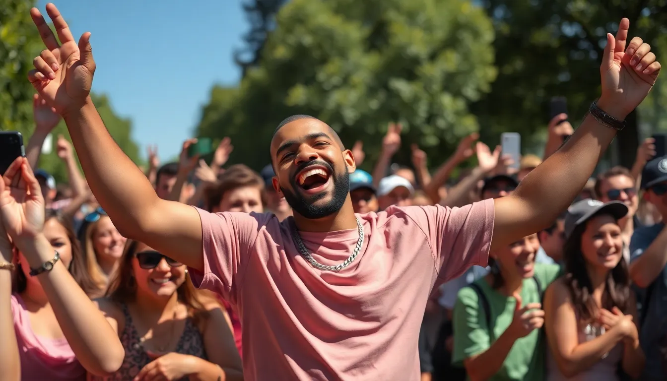 A crowd of enthusiastic fans celebrates outside a venue, holding signs and wearing merchandise in honor of Drake's recordbreaking streaming achievement on Spotify.