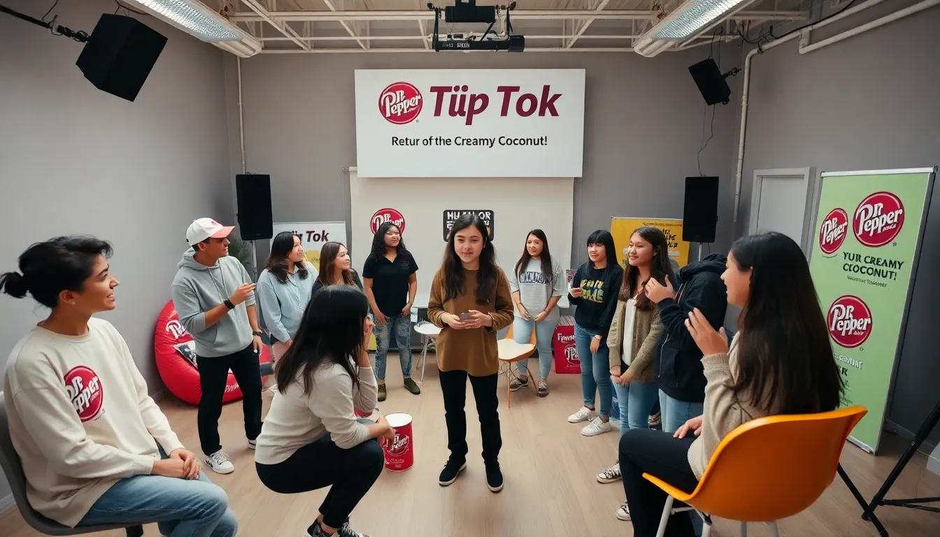 A group of young influencers enthusiastically discusses the return of Dr Pepper's Creamy Coconut flavor while filming a scene for their TikTok microdrama series.