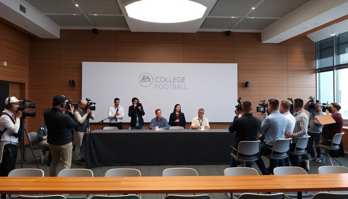 A group of gamers enthusiastically discusses the new partnership between Electronic Arts and Visa during a live event, surrounded by promotional banners for upcoming college football games.