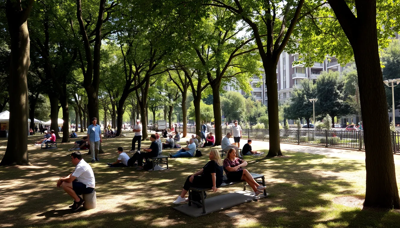 A group of elderly individuals sits in a shaded area outside a community center, sipping water and fanning themselves as they seek relief from the intense summer heat.