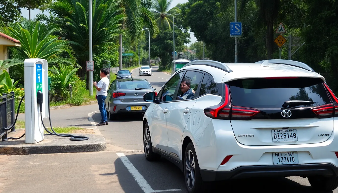 A charging station for electric vehicles stands prominently along a scenic road in Costa Rica, surrounded by lush greenery and mountains, highlighting the country's commitment to sustainable transportation.