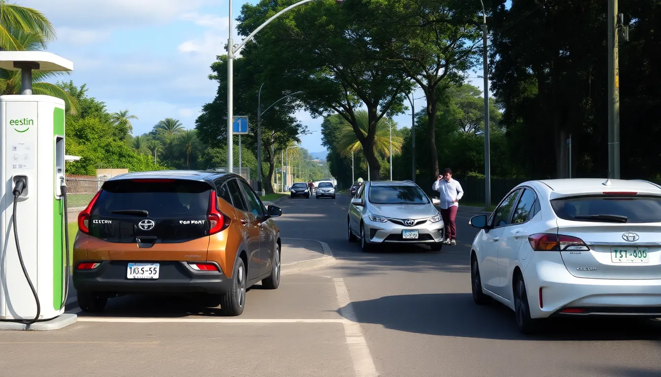 A modern electric charging station is prominently displayed, highlighting the expanding infrastructure that supports electric vehicle usage across the nation
