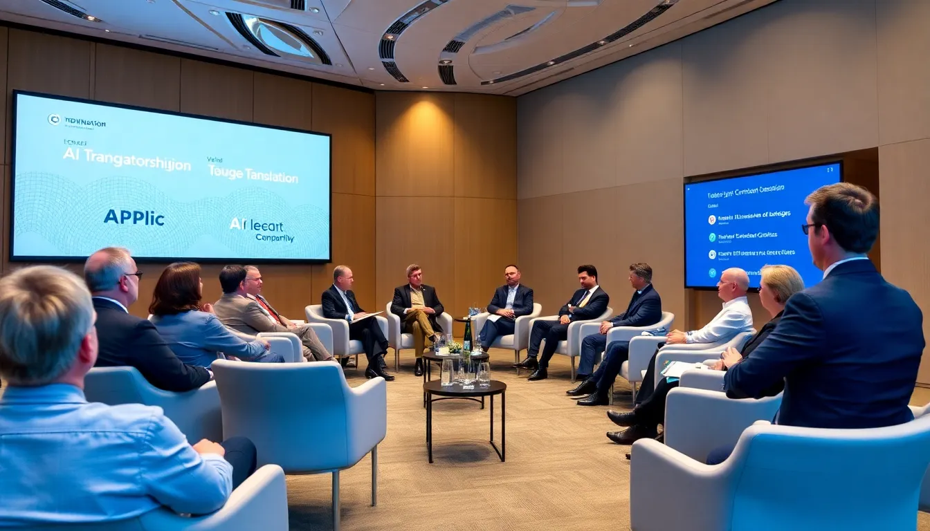 A group of industry leaders discusses the implications of US partnerships on European AI translation firms during the European AI Summit, with a focus on data privacy and regulatory challenges.