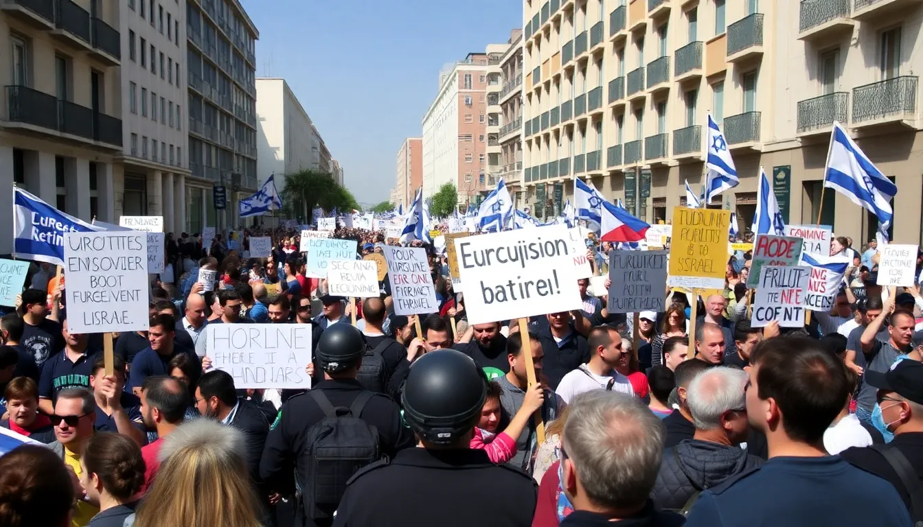 Protesters gather outside a venue in Tel Aviv, holding signs and banners expressing opposition to the Eurovision Song Contest's association with Israel amid ongoing political tensions.