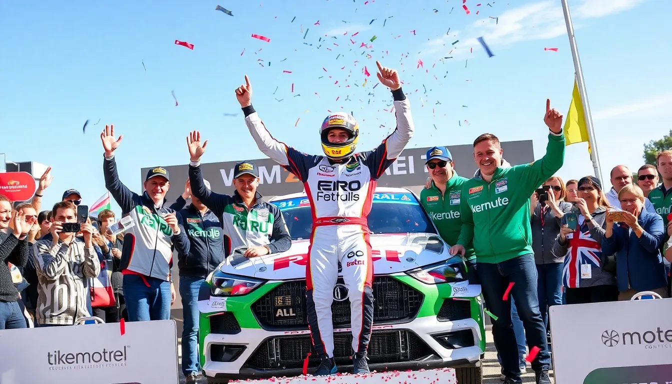 Elfyn Evans celebrates his strong performance at the World Rally Championship event, showcasing his lead while Thierry Neuville raises a trophy after winning the Rally de Portugal.