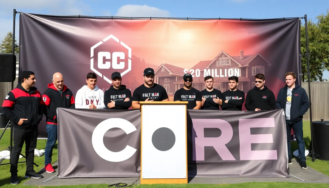 A group of former FaZe Clan creators stands outside their newly established content house, celebrating the launch of their CORE group with smiles and excitement.