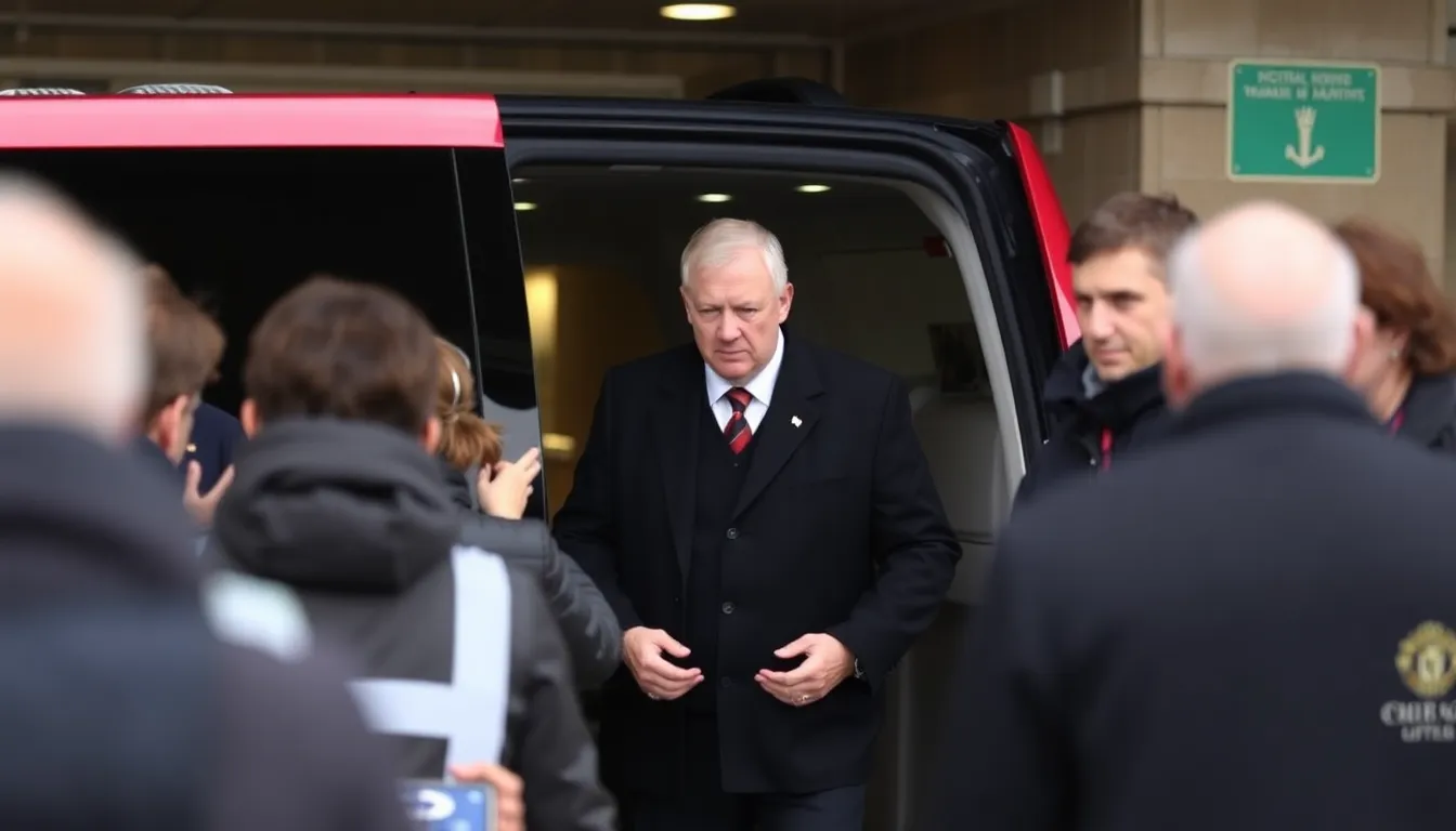 Sir Alex Ferguson is being wheeled into a hospital on a stretcher, surrounded by medical personnel, just days before the highly anticipated Manchester United versus Liverpool match.