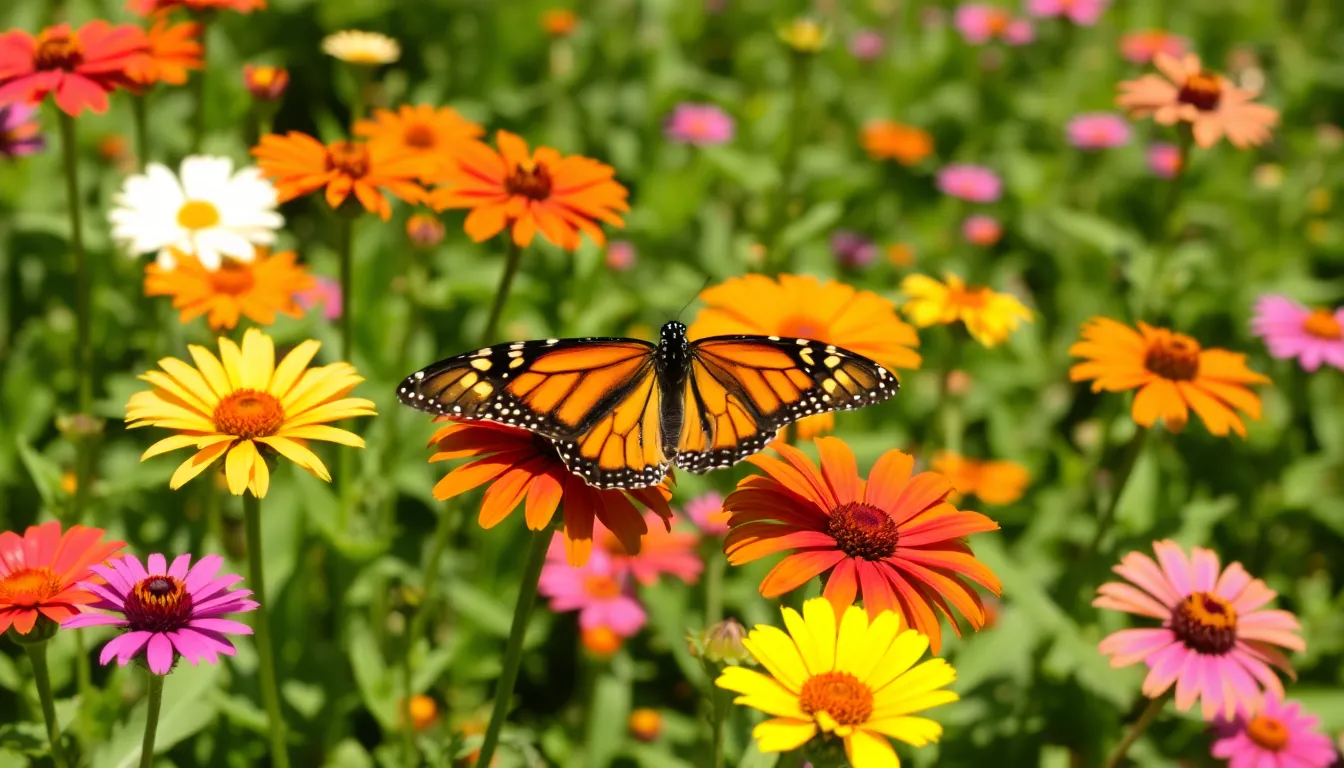 A group of conservationists gathers in a lush garden, discussing strategies to protect butterfly habitats while surrounded by blooming flowers and fluttering butterflies.