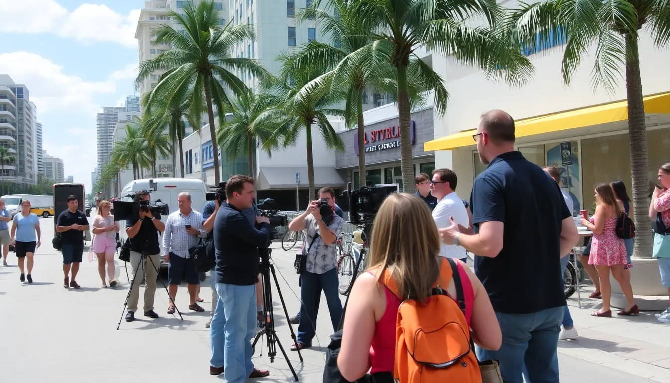 A film crew sets up equipment on a sunny beach in Florida, preparing to shoot a scene for a new production while palm trees sway in the background.