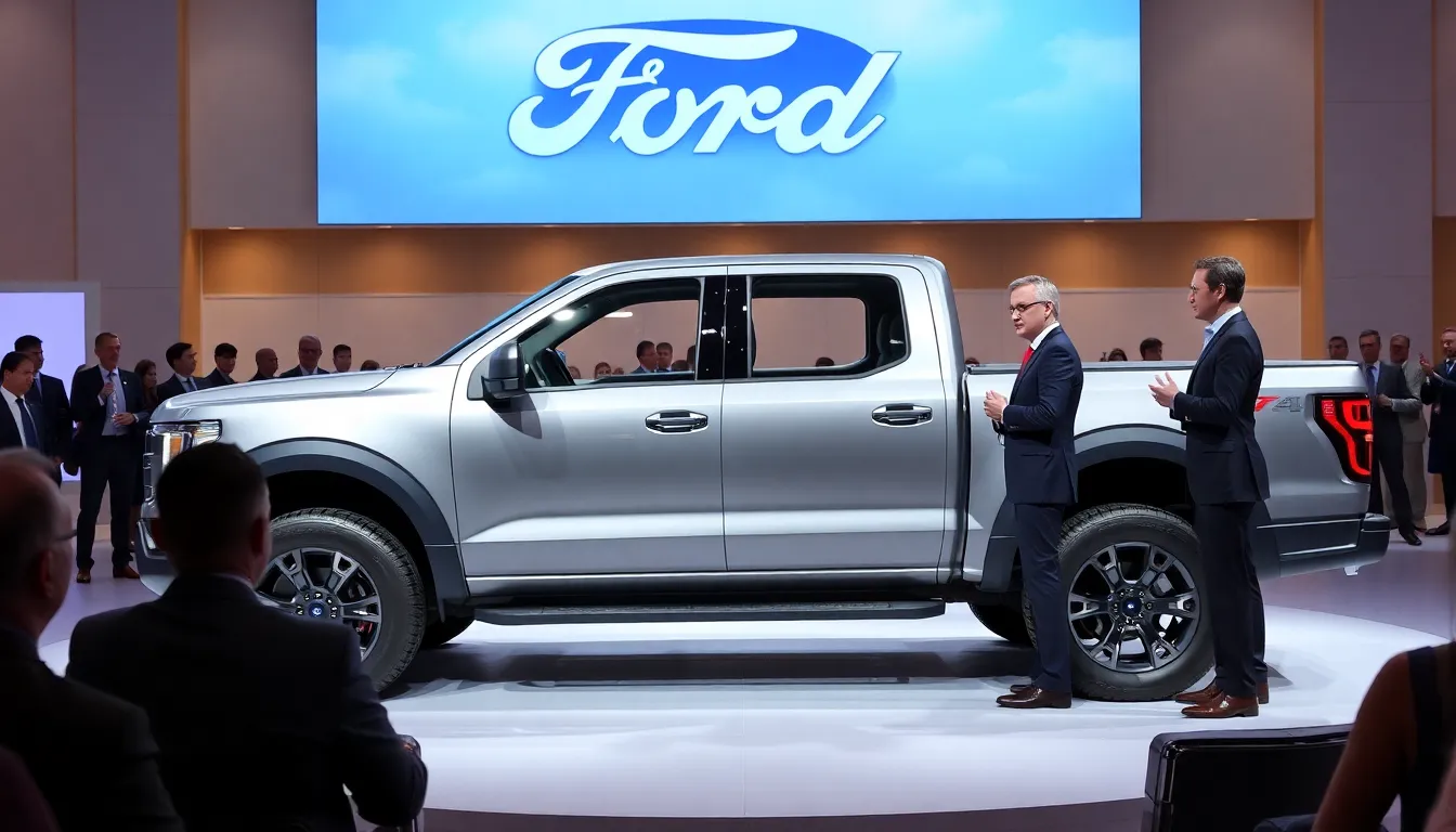 A group of Ford executives stands in front of a covered prototype of the upcoming affordable electric pickup truck, discussing its features and market strategy during a press event.