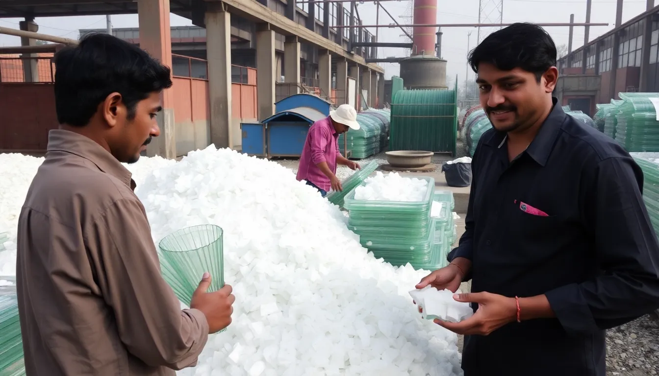 Workers in Firozabad's glass industry gather around a production line, discussing the challenges posed by rising costs and material shortages due to the ongoing conflict in Ukraine.