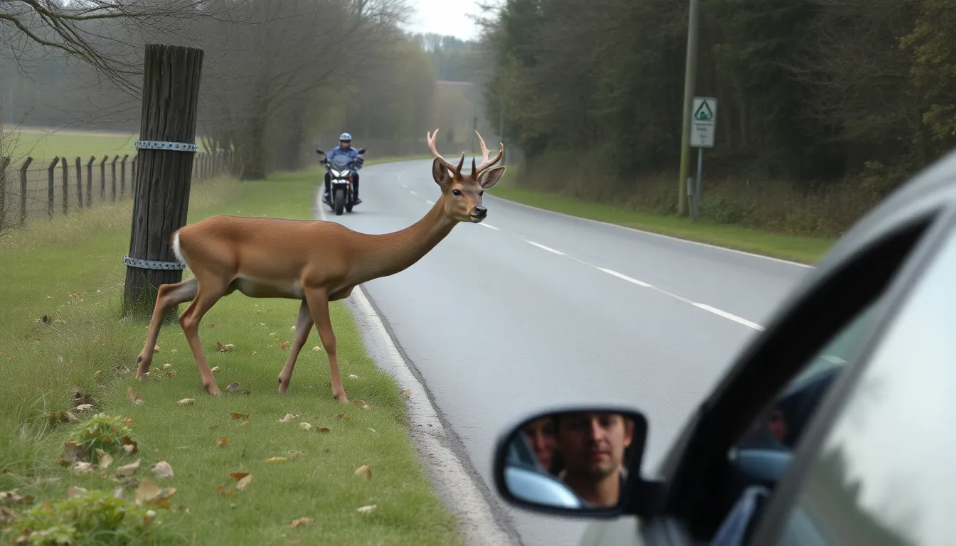 French police officers stand beside a road, warning drivers about the dangers of intoxicated deer wandering into traffic during autumn.