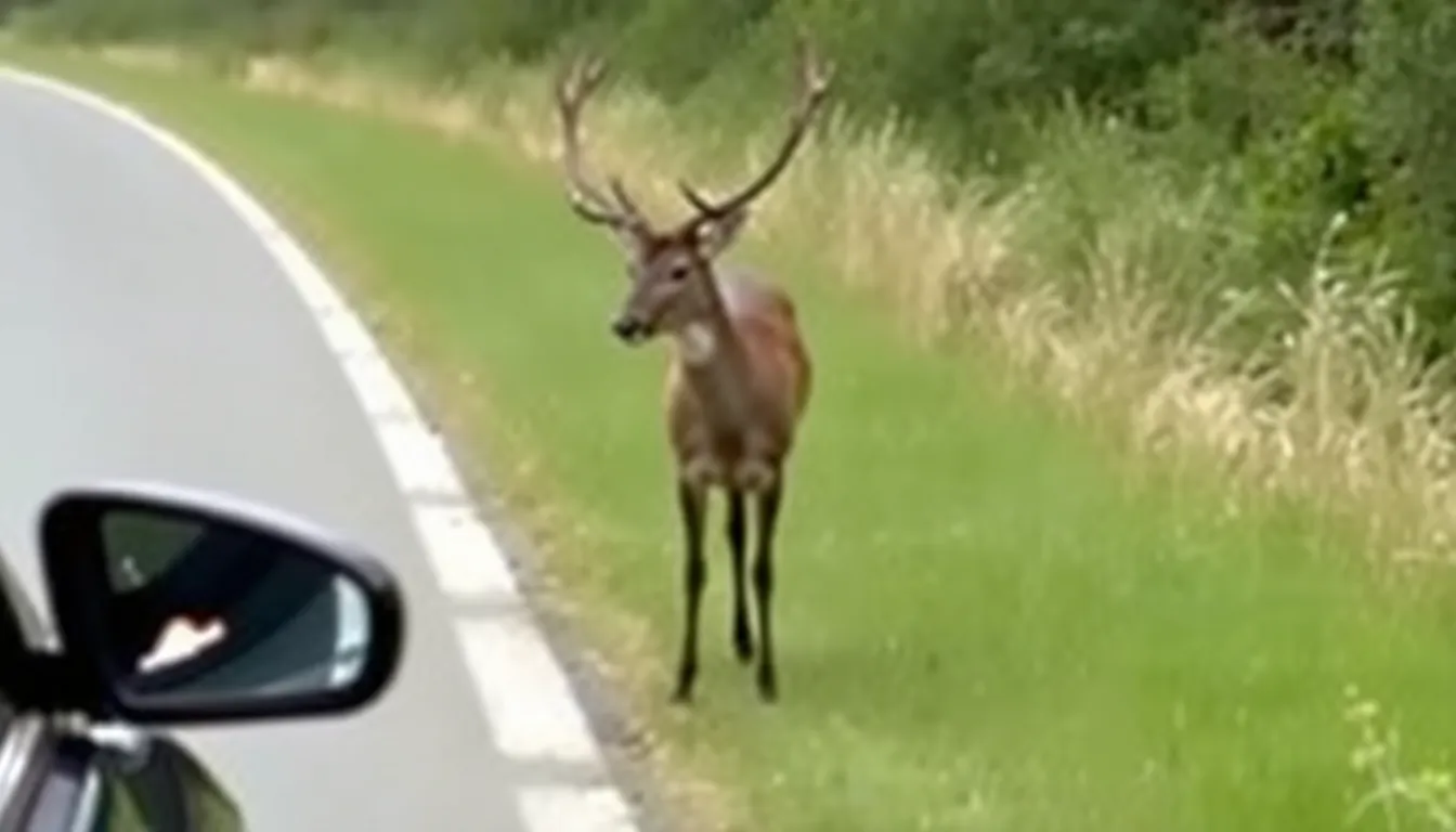 A group of deer grazing in a field at dusk, highlighting the challenges of visibility for motorists