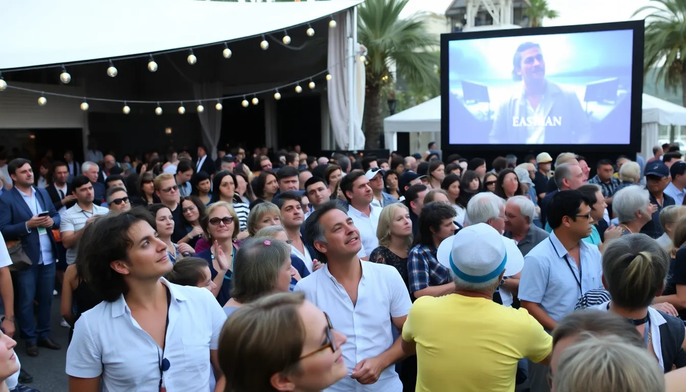 A group of attendees engages with interactive installations at the Cannes Fantastic Pavilion, exploring the innovative urban project 'Los Eastman' that merges art and community design.