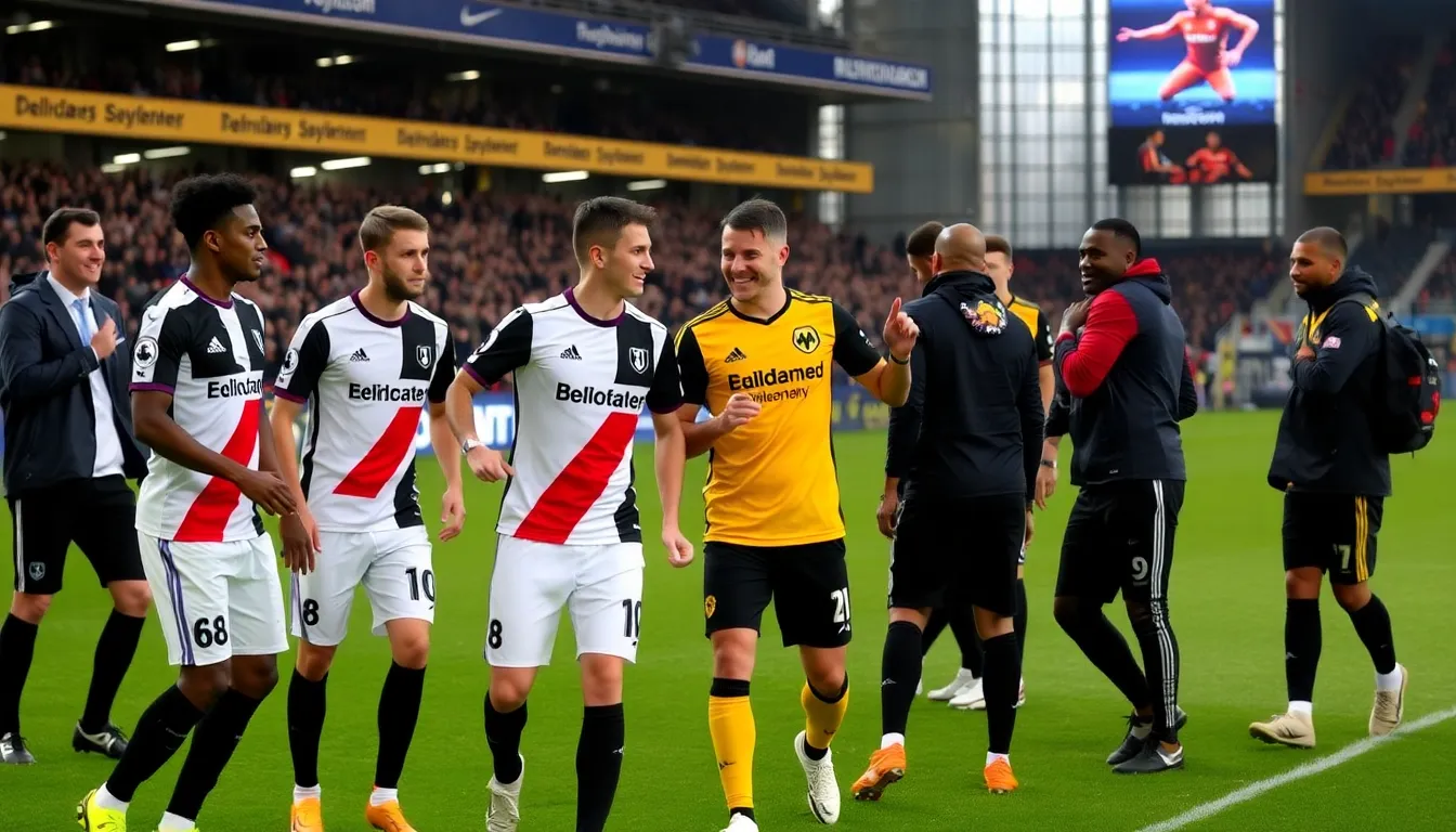 Fulham players react in frustration after missing a scoring opportunity during their 11 draw against Wolverhampton Wanderers at Molineux Stadium.
