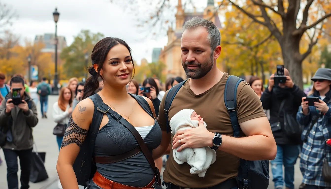 Lara Croft and Walter White joyfully hold their newborn child while surrounded by a cozy, warmly decorated nursery.
