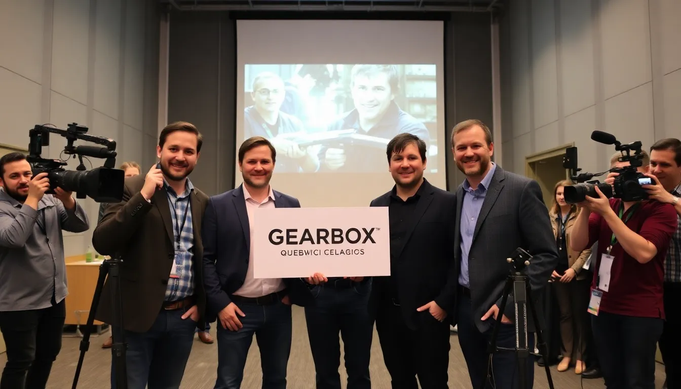 A vibrant gathering of gaming industry professionals expresses excitement over the announcement of Gearbox Quebec's new studio focused on premium game creation
