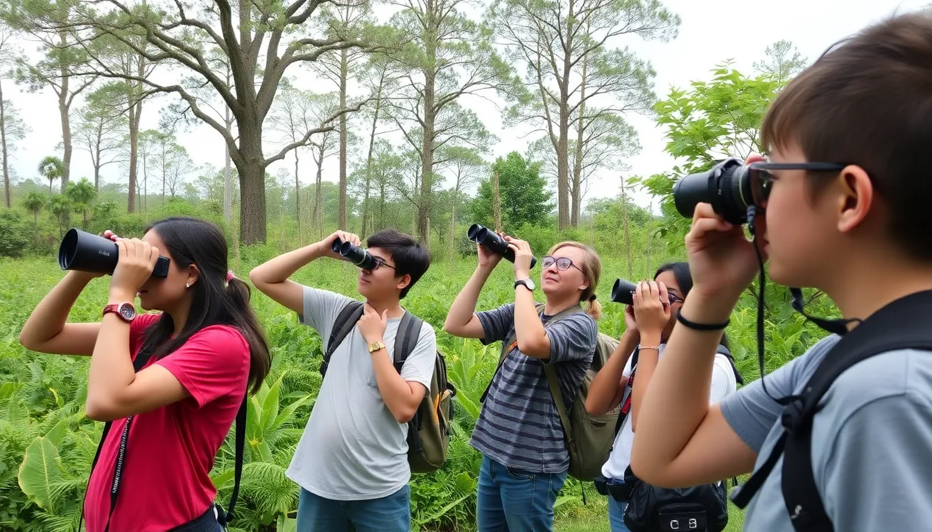 A group of young adults enthusiastically observes birds through binoculars in a lush wildlife reserve, surrounded by greenery and vibrant flora.