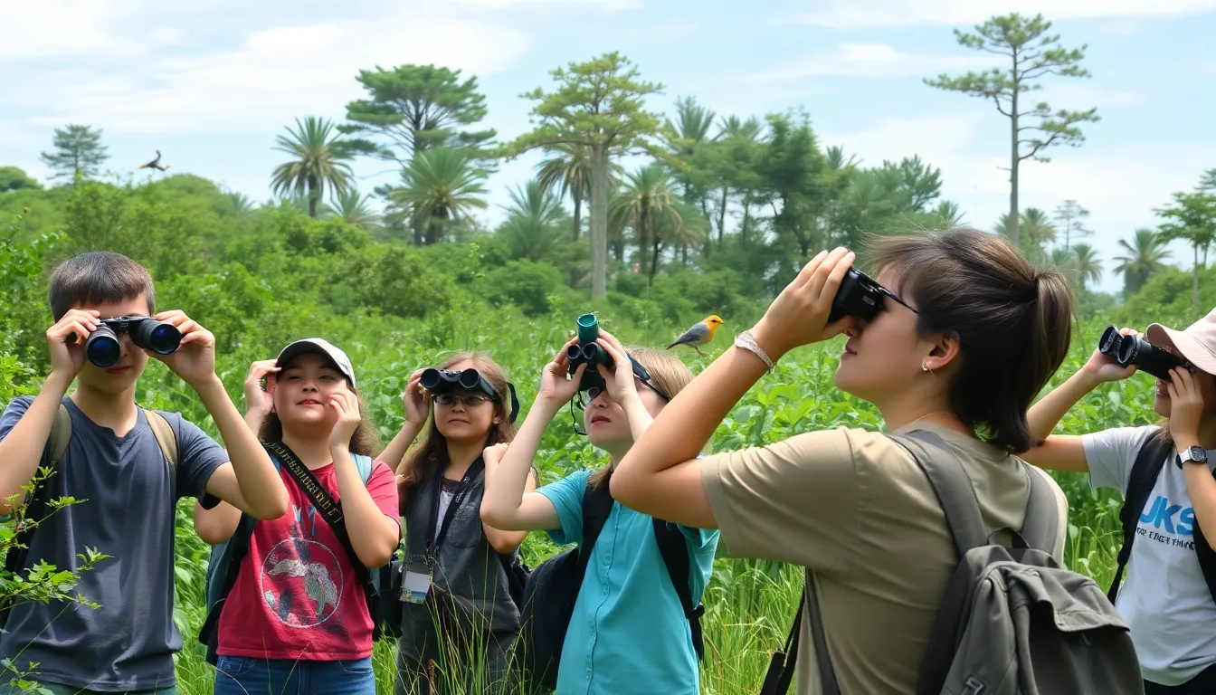 A closeup view of a Generation Z birdwatcher capturing images of a colorful bird perched on a branch, highlighting the connection between youth and nature