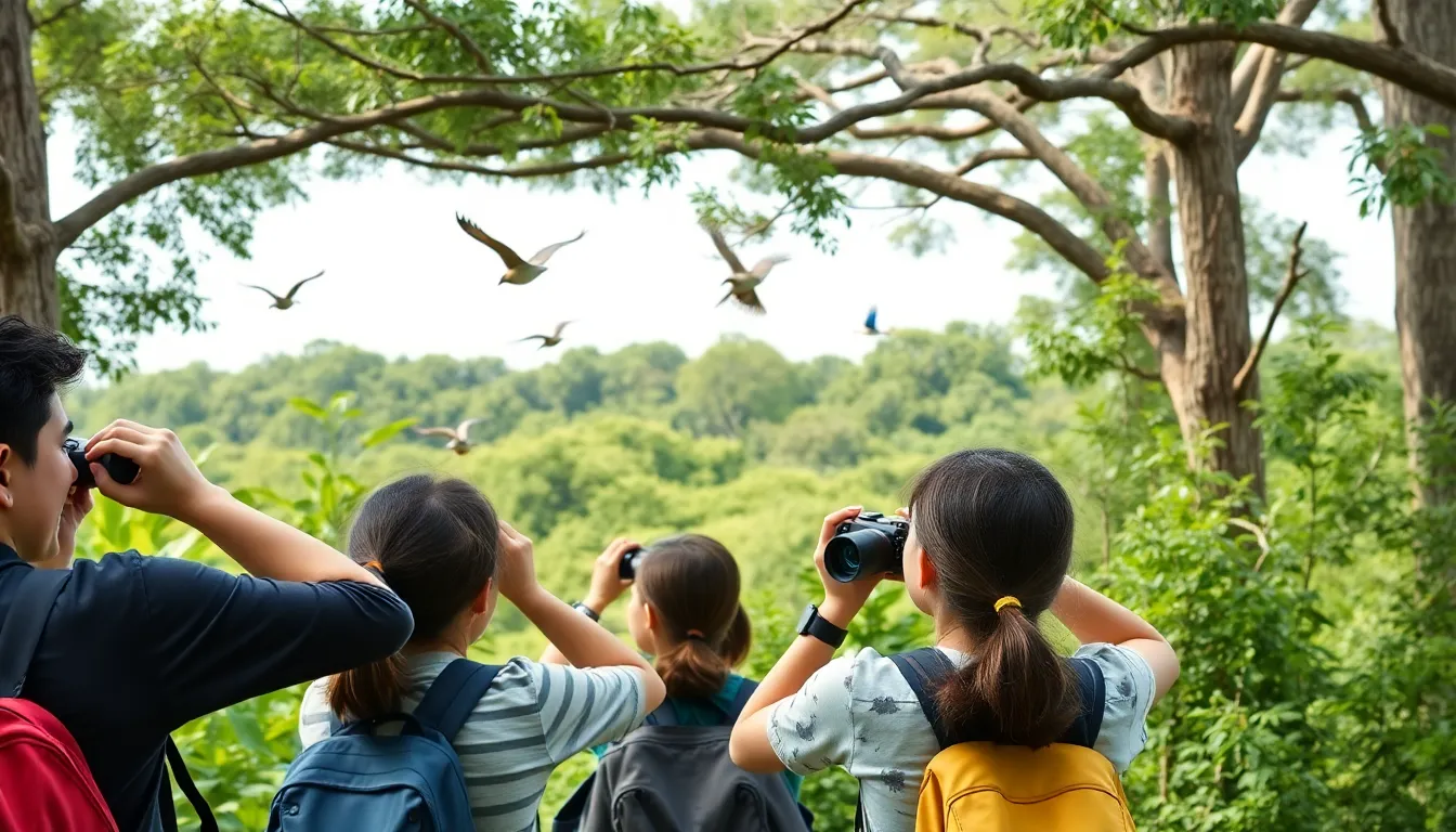 A lively educational workshop in a local reserve, where young participants engage with conservationists, learning about bird species and their habitats