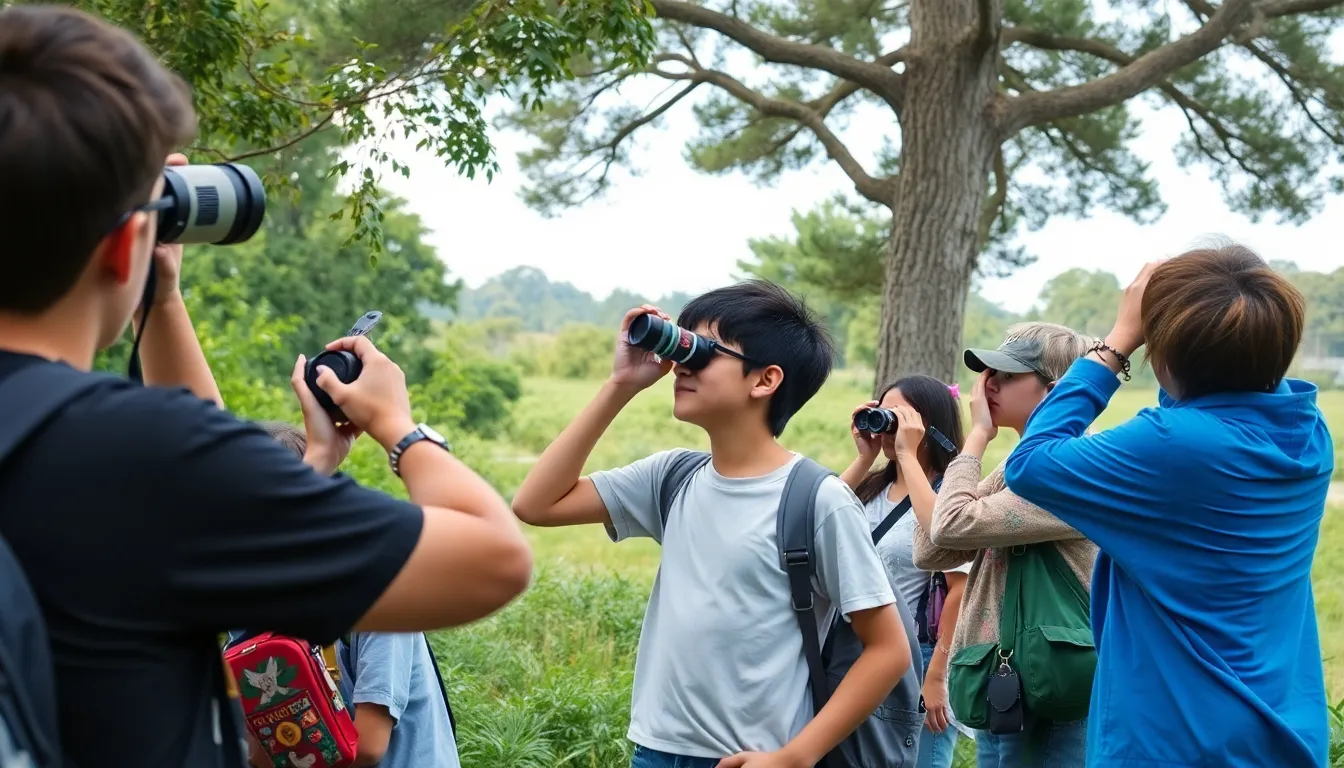 A scenic landscape showcasing a diverse ecosystem, with birdwatchers exploring the area and appreciating the beauty of nature in a tranquil setting