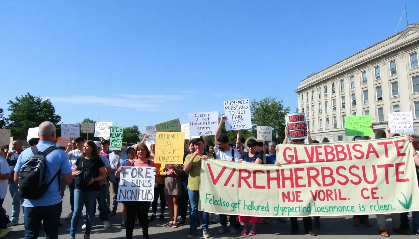 A group of environmental campaigners gathers outside the European Commission building, holding banners and signs demanding a ban on glyphosate use during the harvest season.
