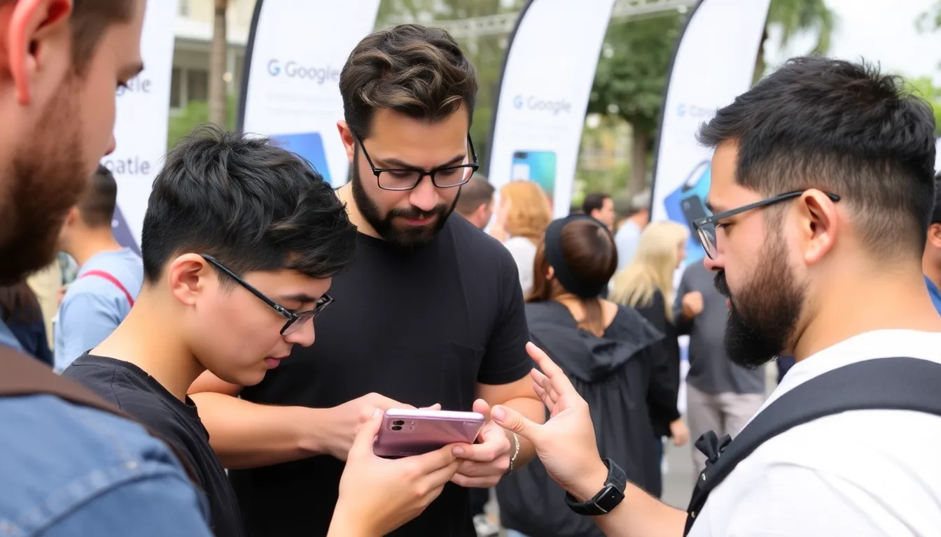A group of consumers examining various budget smartphones, reflecting the growing demand for affordable technology