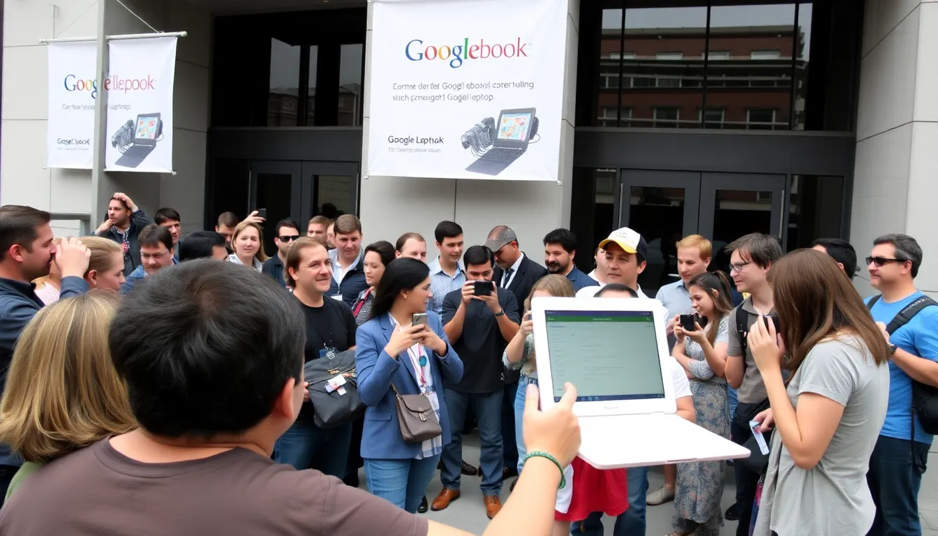 A sleek new laptop called the Googlebook is displayed on a table during its launch event, surrounded by tech enthusiasts and journalists eager to learn about its features.
