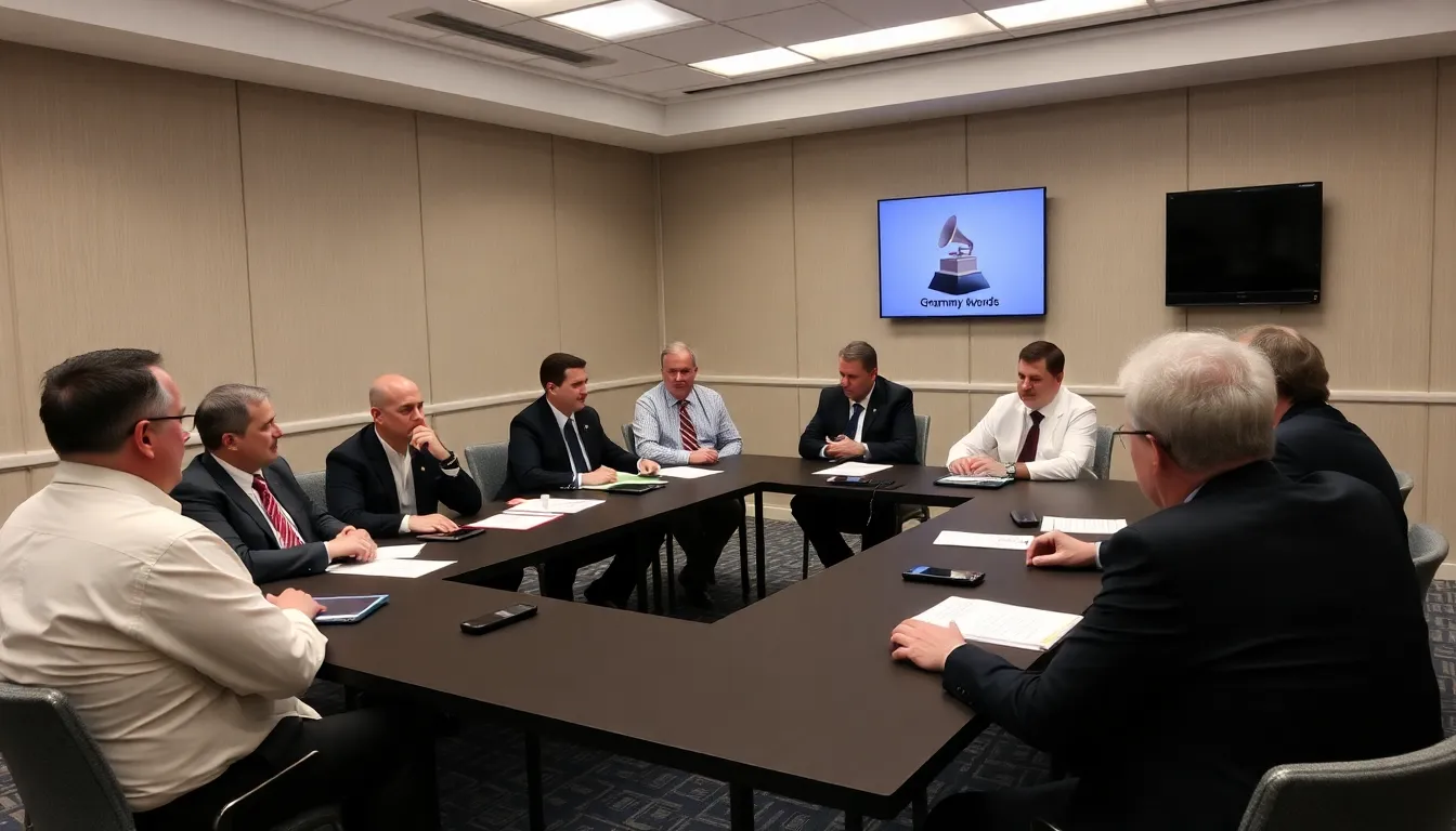 A group of music industry professionals gathers at a press conference to announce the 2027 Grammy Awards nominations and telecast date, highlighting the event's new partnership with ABC and Hulu.