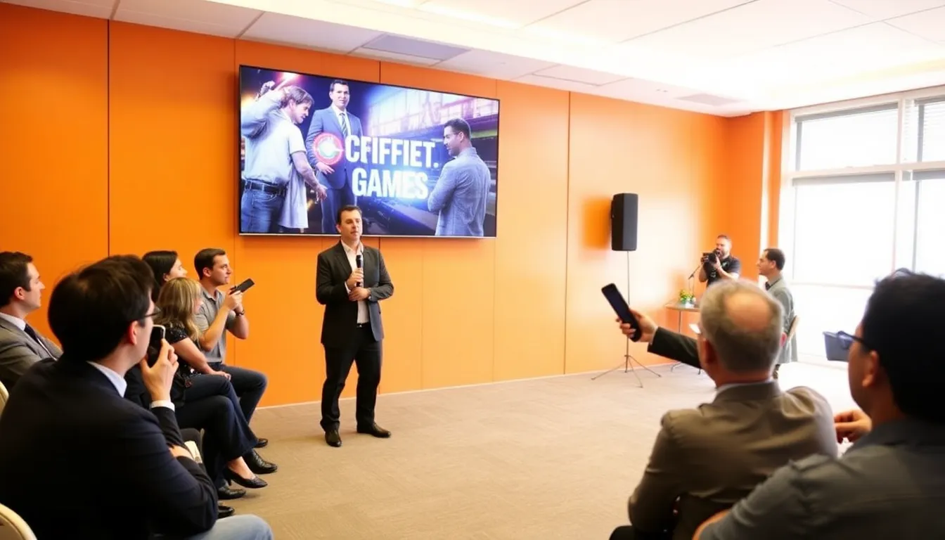 Tim Bender, CEO of Hooded Horse, speaks at a press conference announcing Griffin Gaming Partners' new 0 million fund to support independent game developers.