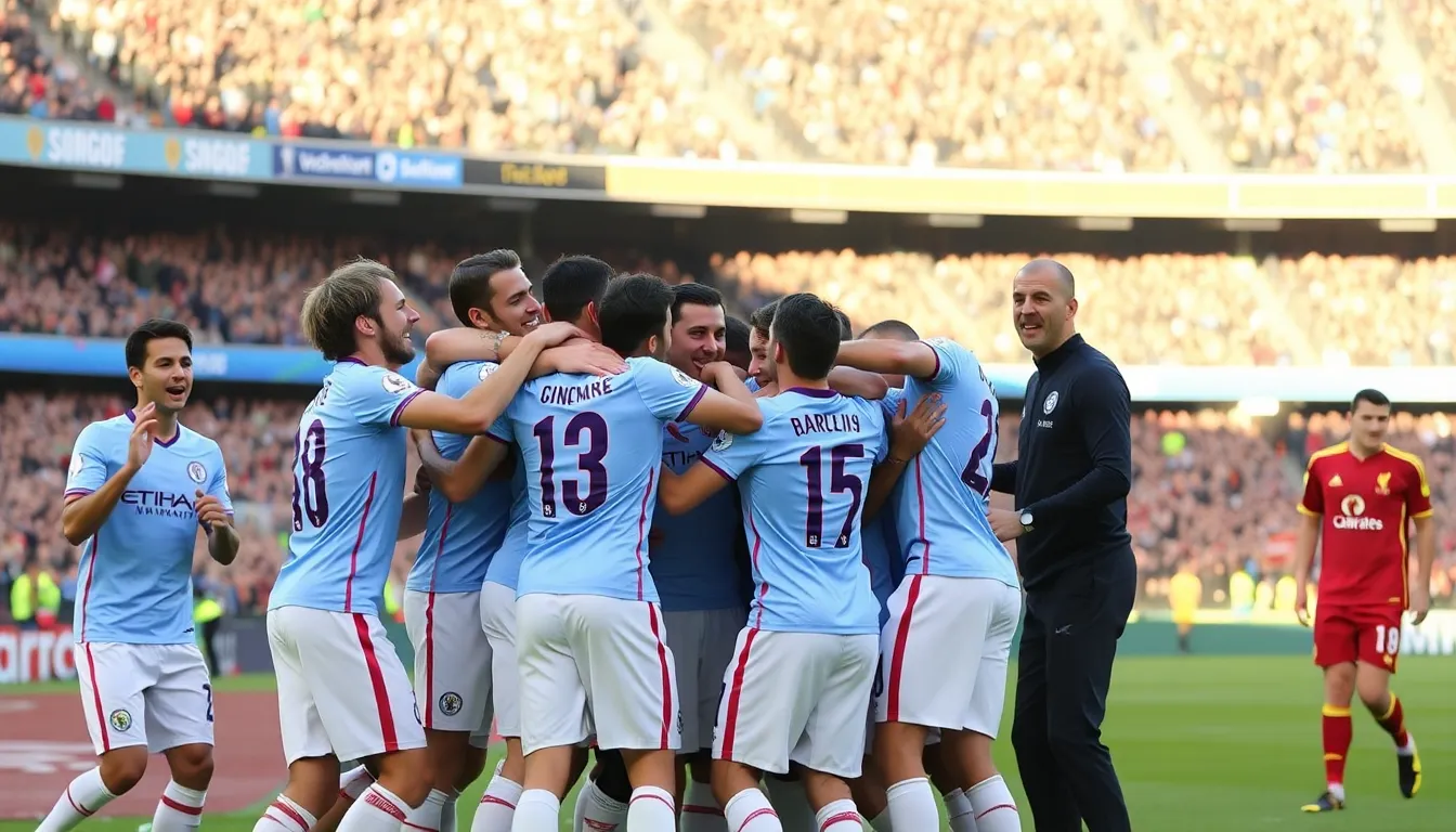 Pep Guardiola gestures passionately from the sidelines during a highstakes Premier League match, with players from both teams intensely focused on the action unfolding on the pitch.