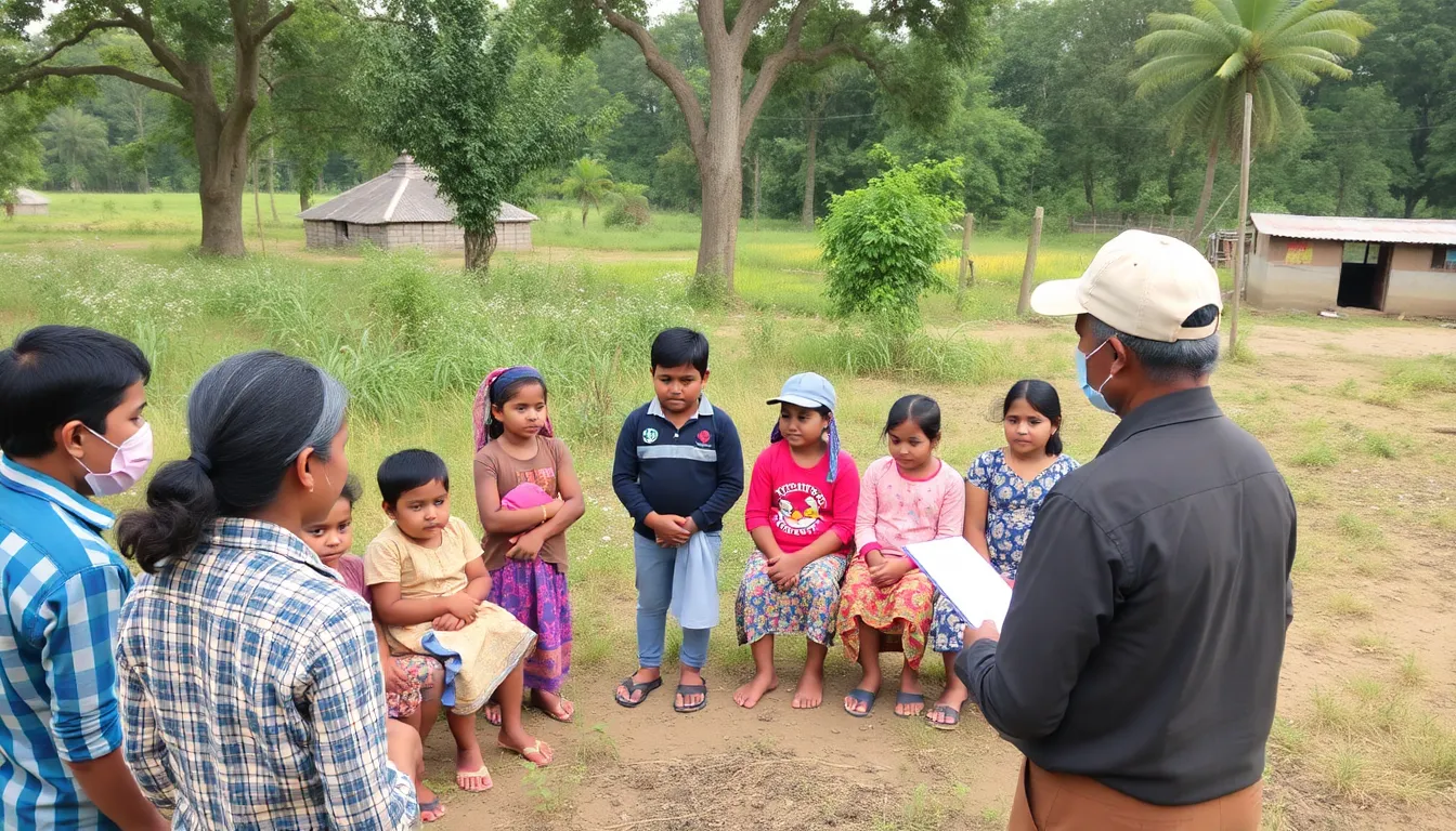 A health official speaks to a group of residents in a rural community about the risks and preventive measures related to hantavirus infections.