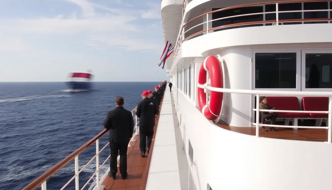 The cruise ship departs from the Canary Islands, with passengers on deck and health officials monitoring the situation amid concerns over a hantavirus outbreak.