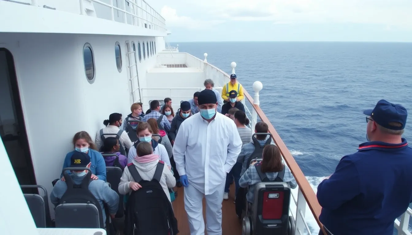 Passengers on a cruise ship gather on deck as health officials conduct an investigation into multiple hantavirus cases linked to rodent droppings found in common areas.
