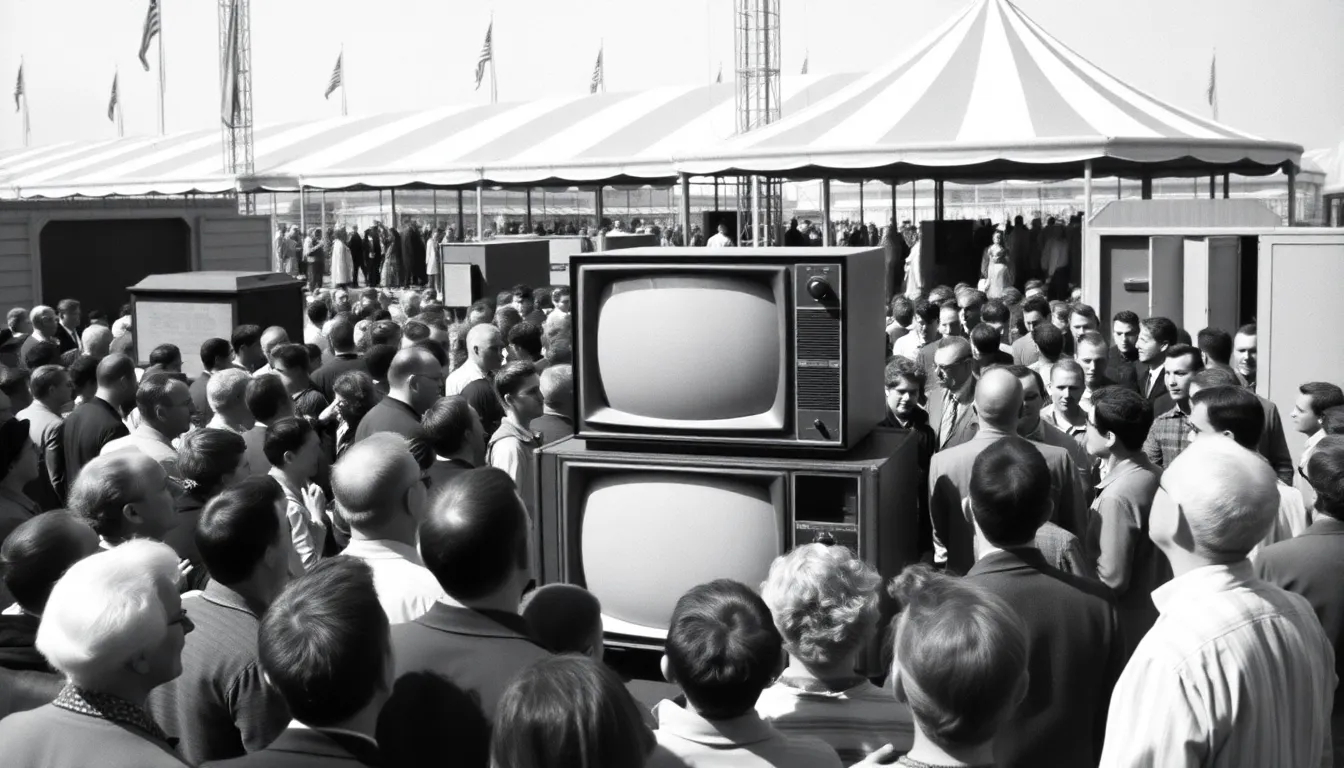 A crowd gathers in excitement at the 1939 New York World's Fair, where the launch of television is being celebrated with demonstrations and displays of the new technology.