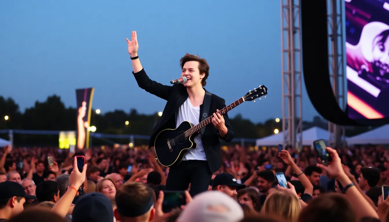 A crowd of enthusiastic fans waves colorful signs and cheers as Harry Styles performs on stage during the opening night of his Together Together Tour in Amsterdam.