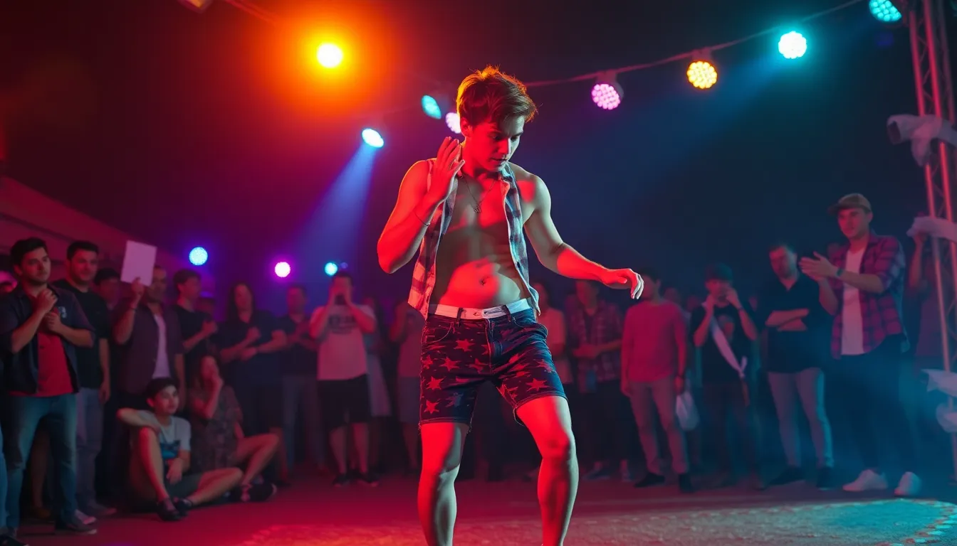Harry Styles dances energetically in a vibrant setting, wearing gym shorts and sneakers, as he showcases his playful spirit in the new music video for "Dance No More."