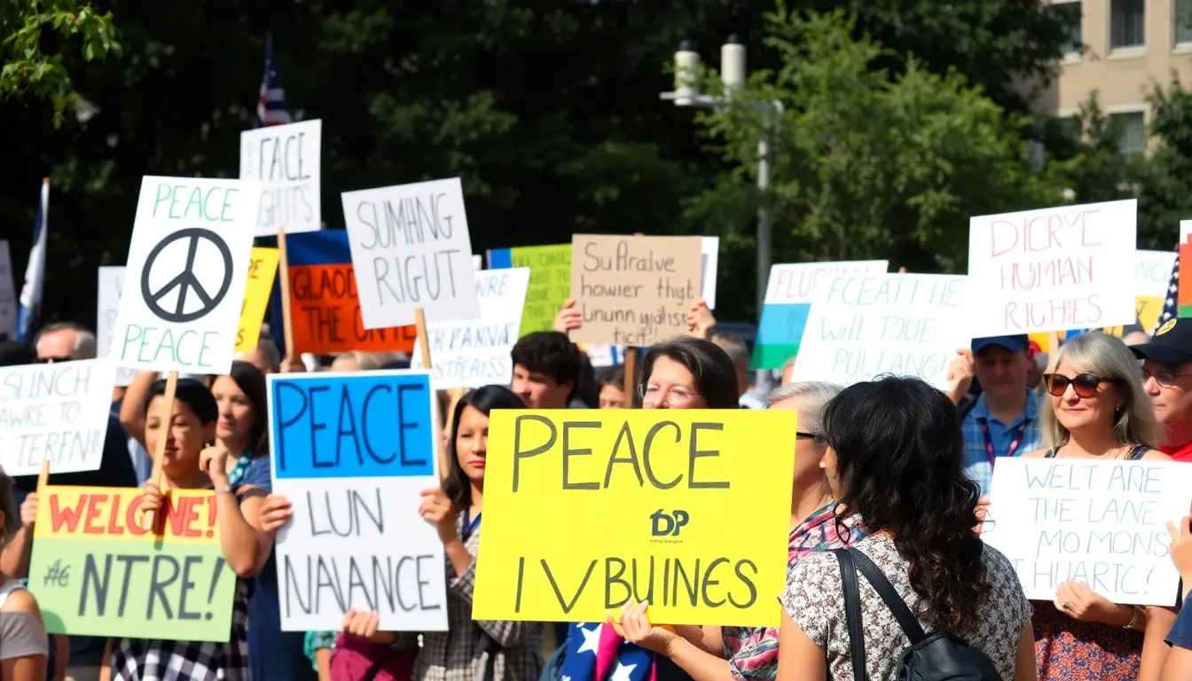 A diverse group of young musicians gathers in a park, passionately performing Woody Guthrie's protest songs while an audience of engaged listeners joins in, reflecting the revival of social activism through music.