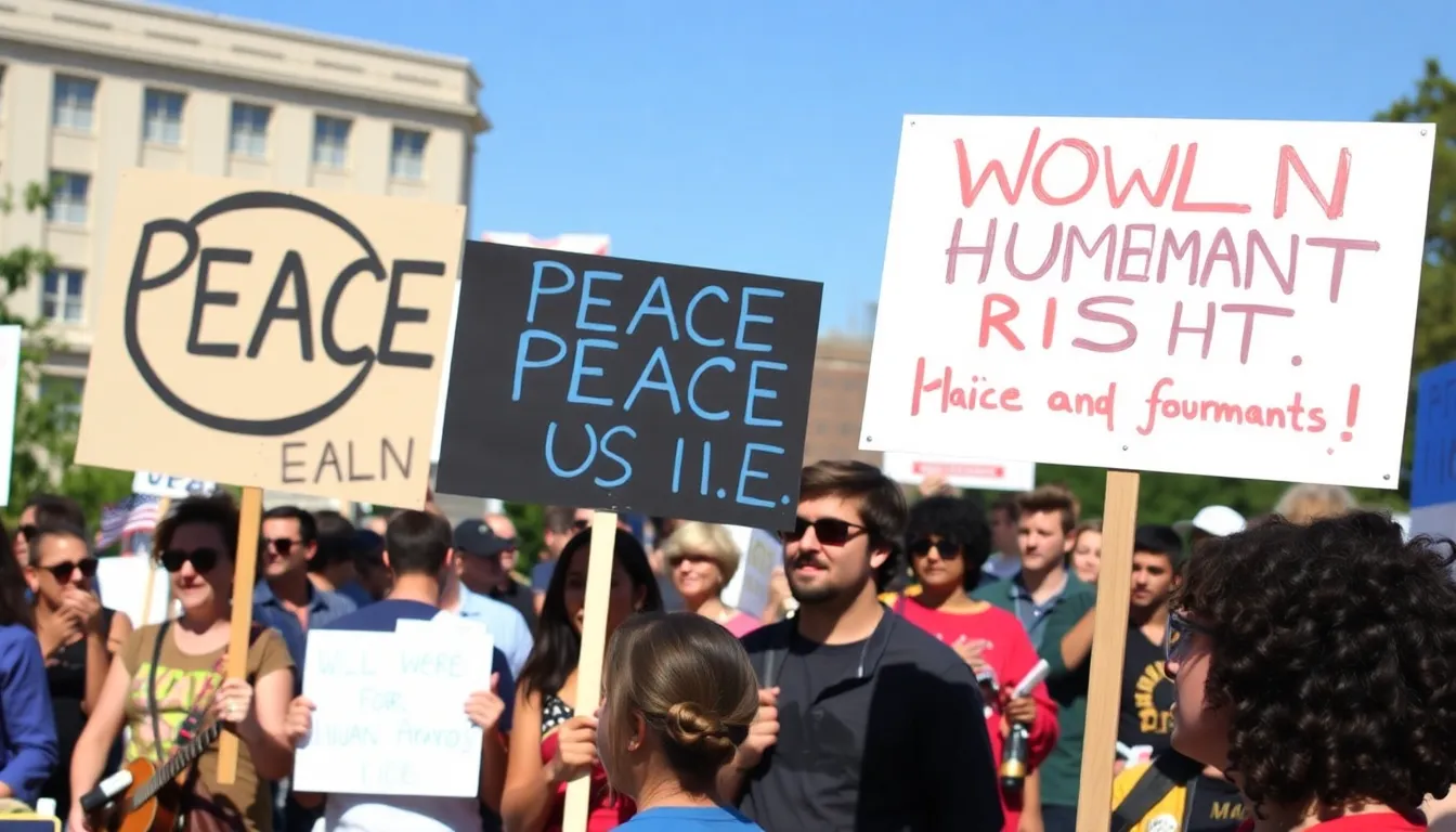 Activists holding vibrant signs with lyrics from Guthrie's anthems, capturing the spirit of solidarity and resistance during a contemporary protest