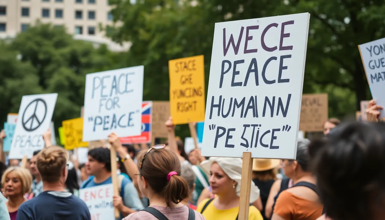 A gathering of supporters at a climate justice event, inspired by Guthrie's themes of advocacy and community, as they chant and raise their fists in solidarity