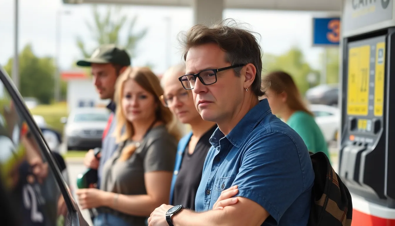 A crowded gas station shows drivers waiting in line to fill their tanks as a digital price board displays soaring fuel costs.