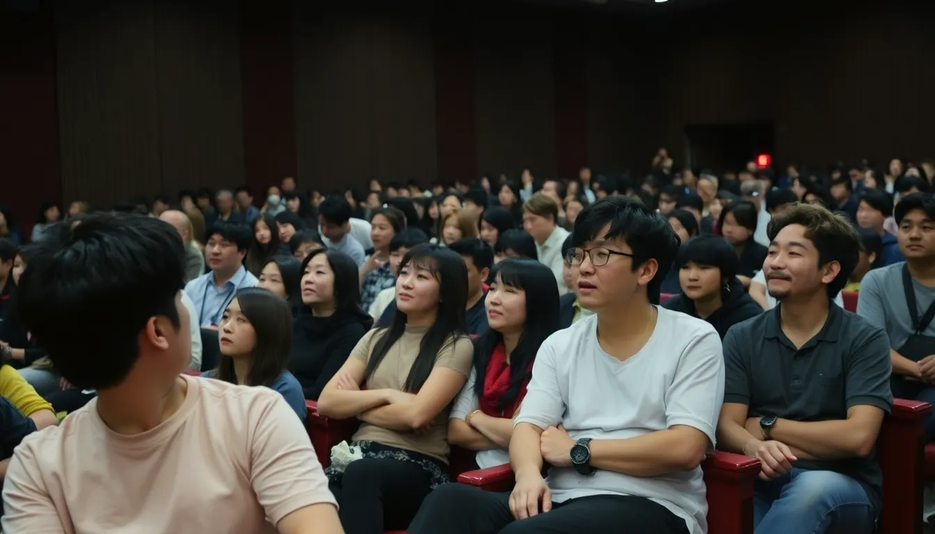 A crowded cinema audience reacts with laughter and surprise during a screening of Na Hongjin's new film, showcasing a mix of excitement and skepticism about its unique blend of horror and comedy.