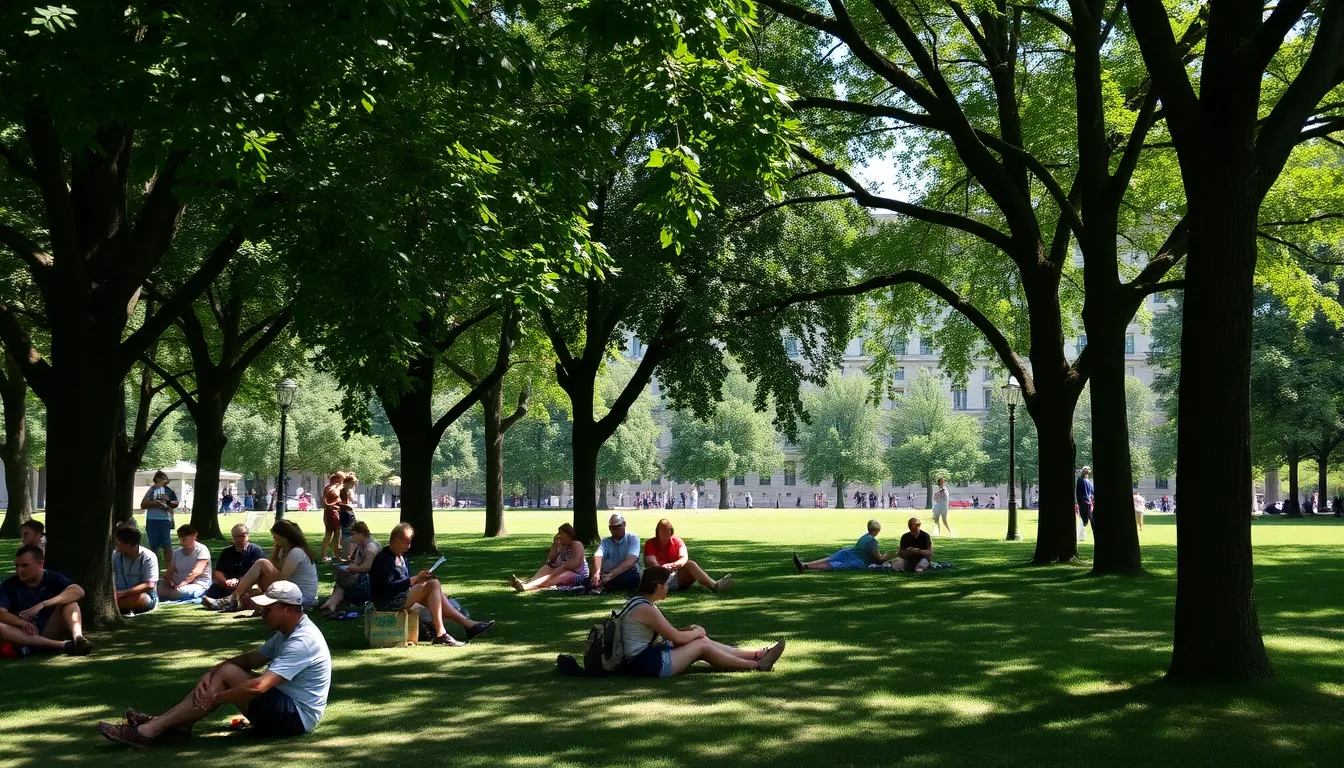 Outdoor workers taking a break in a shaded area to avoid heat stress, emphasizing the challenges faced by those in laborintensive jobs during extreme heat conditions