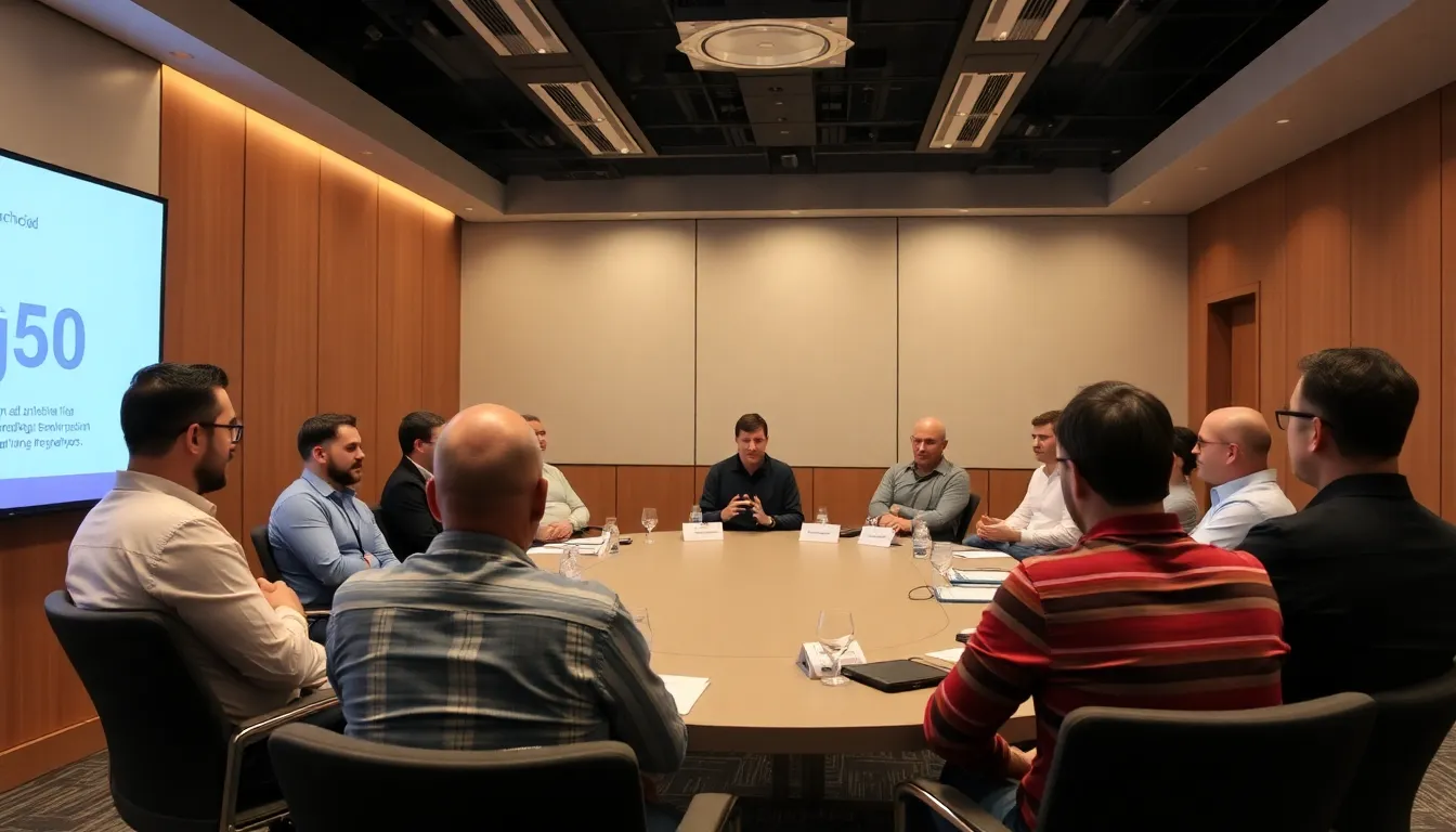 A diverse group of young developers gathers in a bright, modern workspace, discussing ideas and collaborating on game design projects as they prepare to apply for the IG50 program.