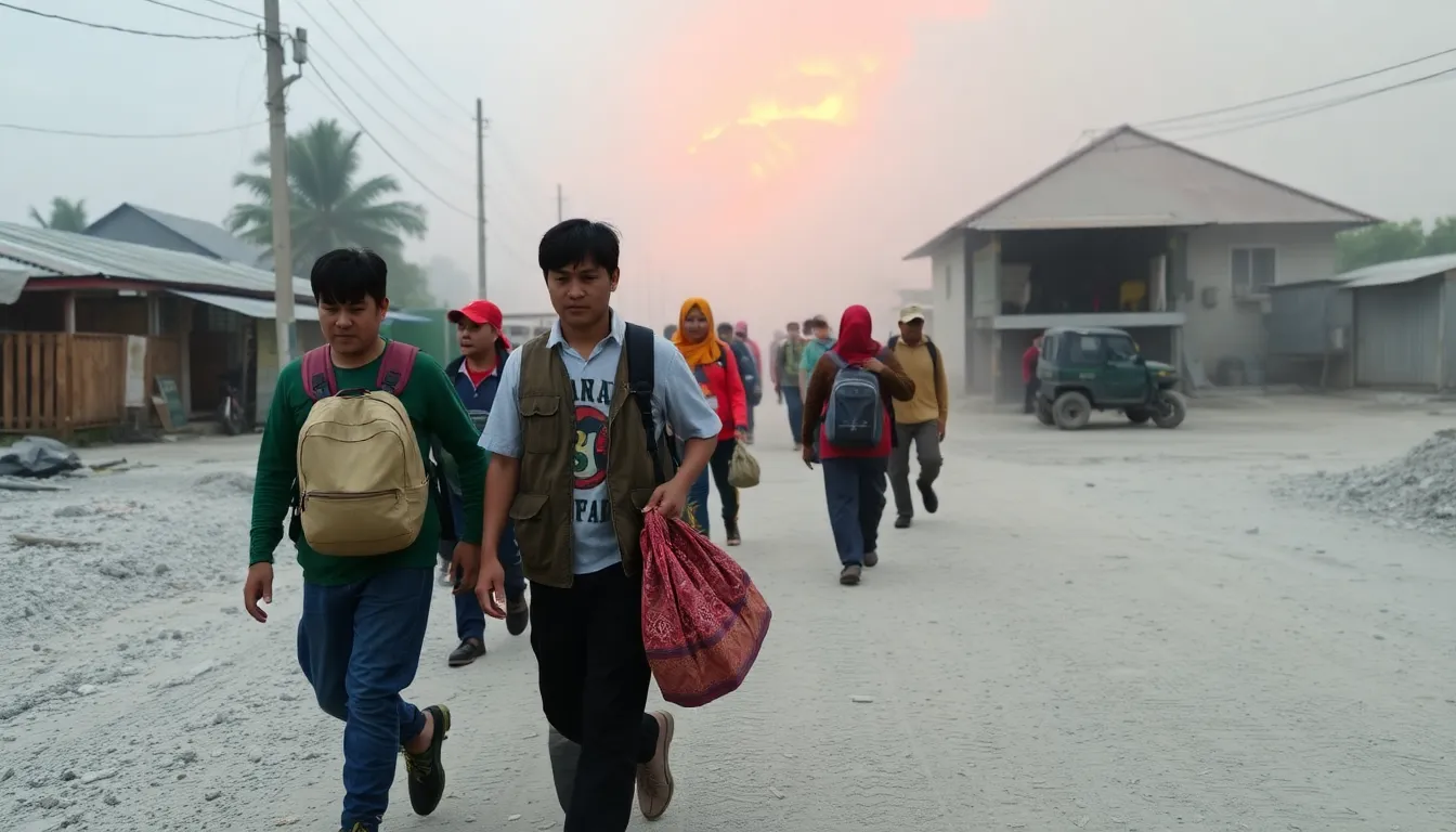 A group of hikers evacuates from the slopes of Mount Semeru as a massive plume of ash and smoke rises into the sky following an unexpected volcanic eruption.