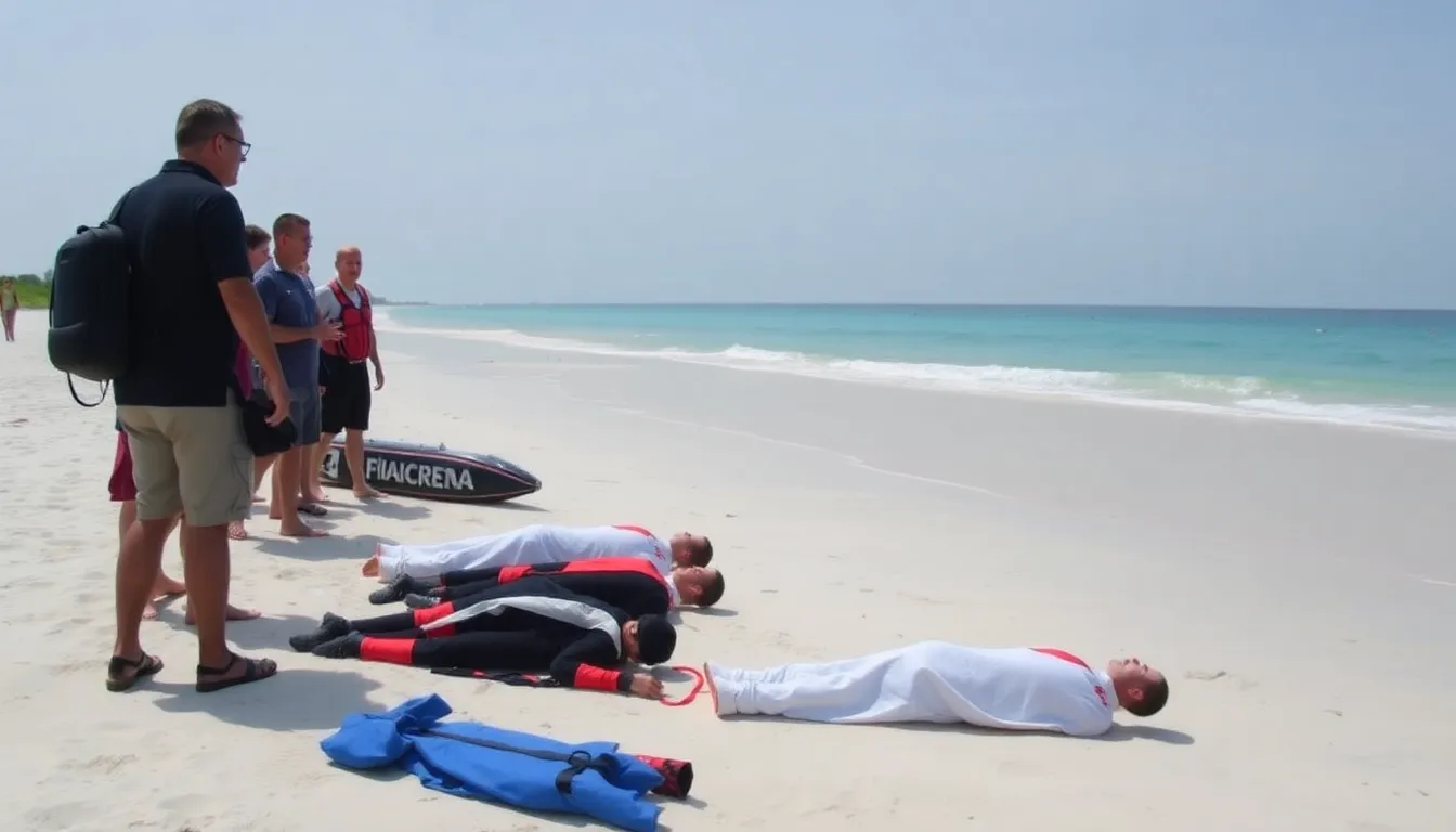 Rescue teams recover the bodies of two Italian divers from the ocean near a picturesque Maldivian beach, surrounded by clear blue waters and palm trees.