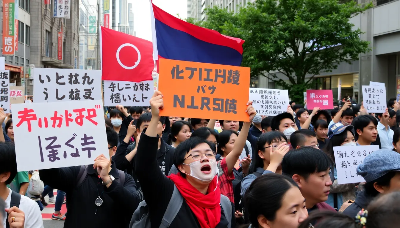 Thousands of protesters gather in Tokyo, holding banners and chanting slogans against military expansion and increased defense spending.