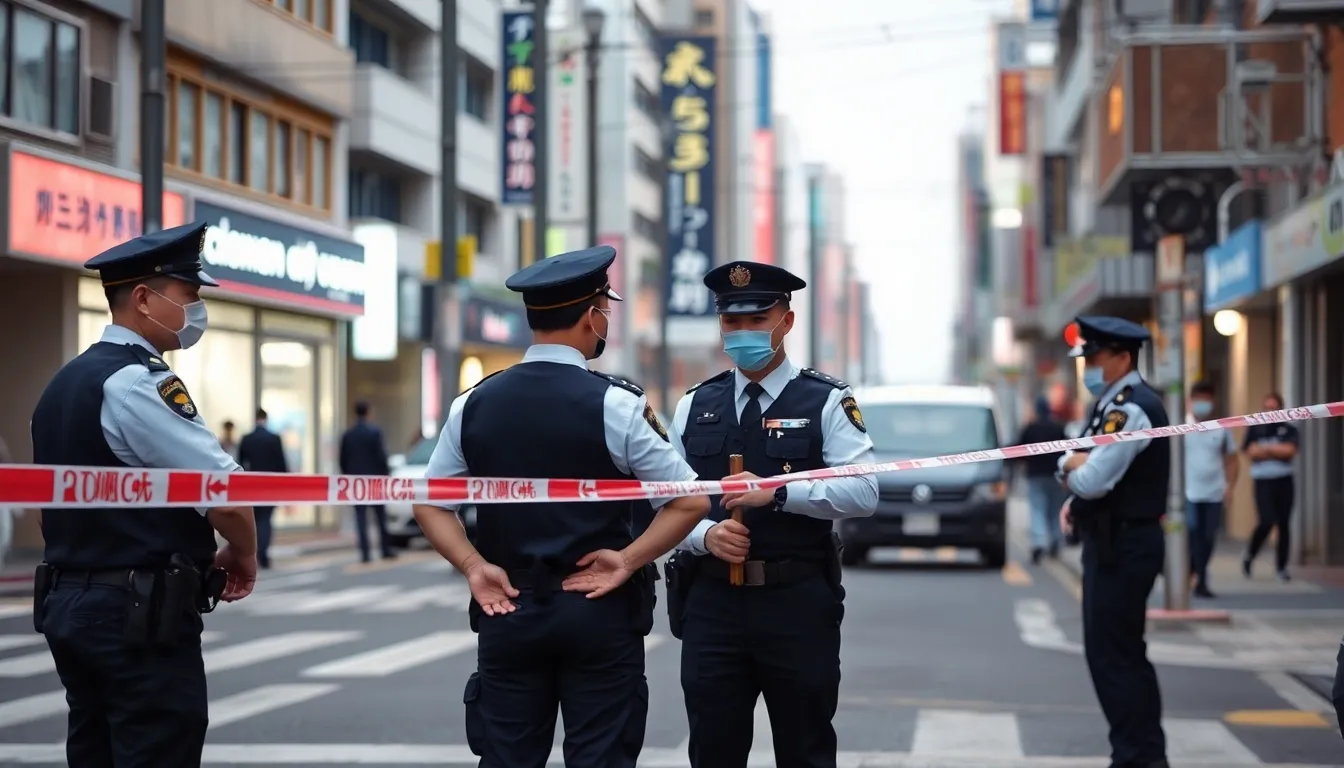 A police officer stands guard near a Tokyo alley where a prominent figure linked to organized crime was found dead, as concerned citizens observe the heightened security measures in the area.