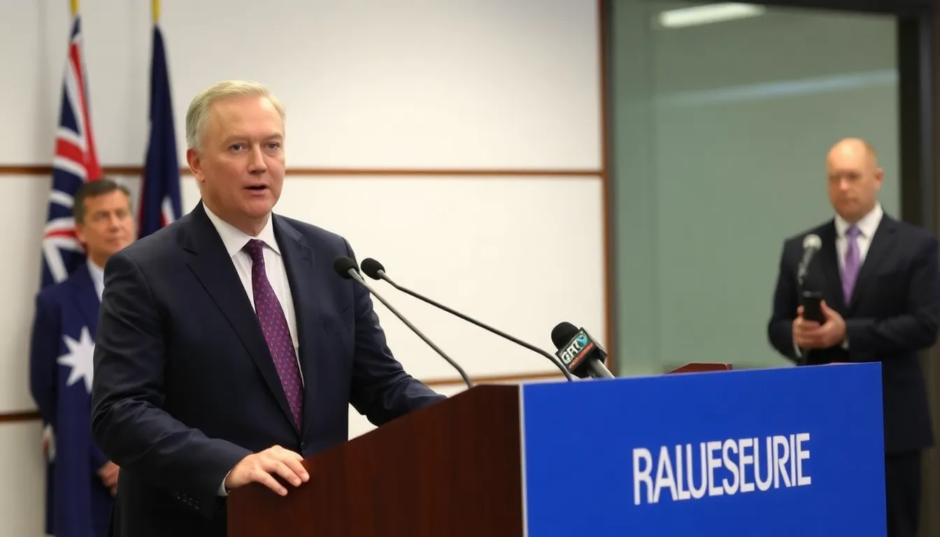Jim Chalmers speaks into a microphone during a podcast recording, addressing concerns about the government's latest budget proposal while surrounded by audio equipment and notes.