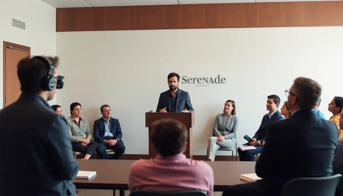 Josh Penn stands confidently in front of a modern office building, holding a sign that reads "Serenade Production Company" while discussing his vision for innovative storytelling in film.
